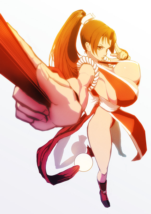 kuruma hajime, shiranui mai, fatal fury, snk, the king of fighters, bad id, bad pixiv id, 1girl, armpits, blush, boots, breasts, brown eyes, brown hair, cleavage, covered erect nipples, female focus, folded fan, folding fan, foreshortening, hand fan, huge breasts, japanese clothes, legs, long hair, ninja, nipples, outstretched hand, pelvic curtain, ponytail, sideboob, solo, thighs, tight clothes