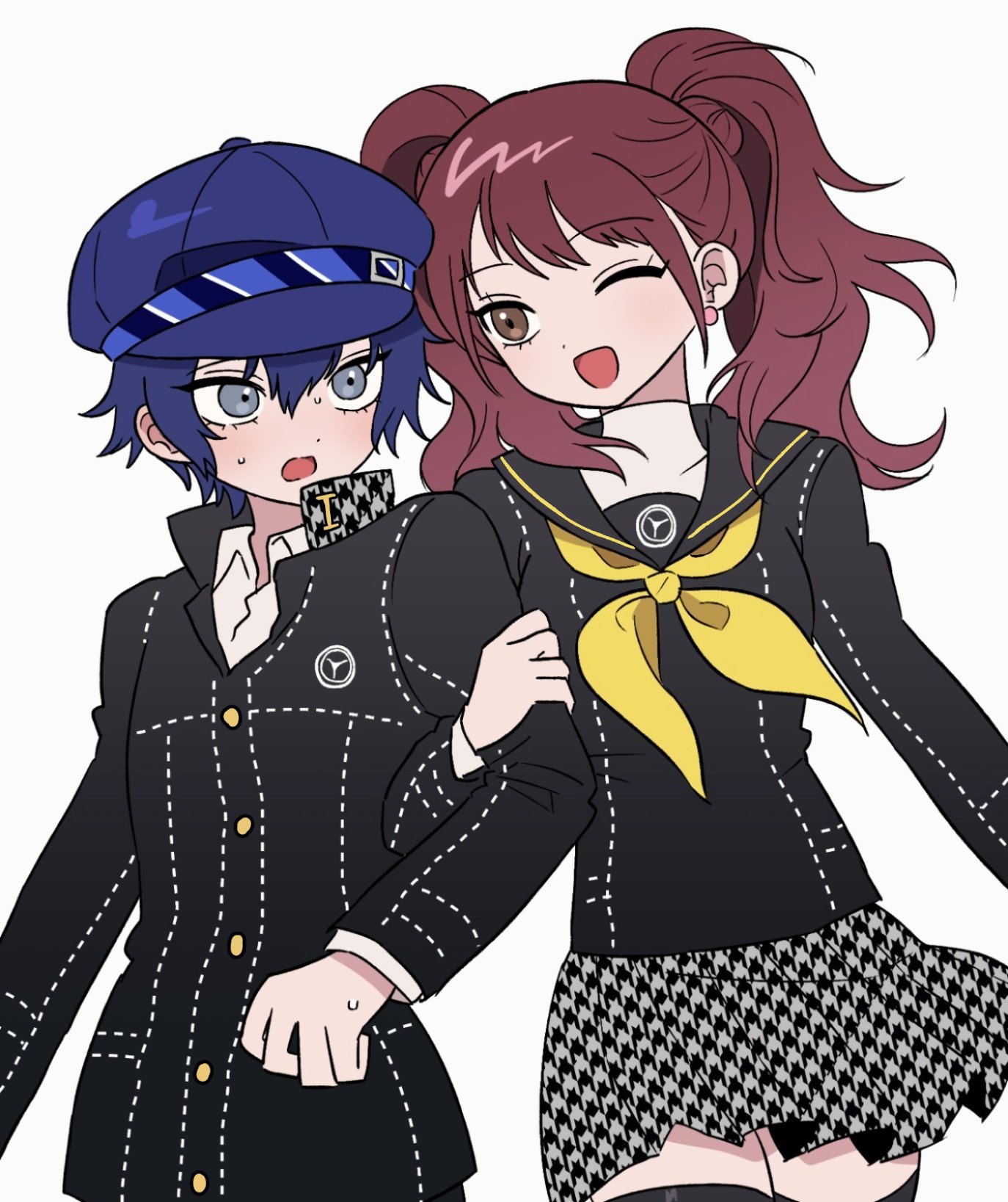 kujikawa rise, shirogane naoto, persona, persona 4, commentary, highres, symbol-only commentary, 2girls, black jacket, black sailor collar, black thighhighs, blue eyes, blue hair, brown eyes, brown hair, earrings, hair between eyes, hat, jacket, jewelry, long hair, long sleeves, multiple girls, neckerchief, one eye closed, open mouth, qnfrjswjsrmfla, sailor collar, school uniform, serafuku, short hair, simple background, skirt, sweat, thighhighs, twintails, white background, yasogami school uniform, yellow neckerchief
