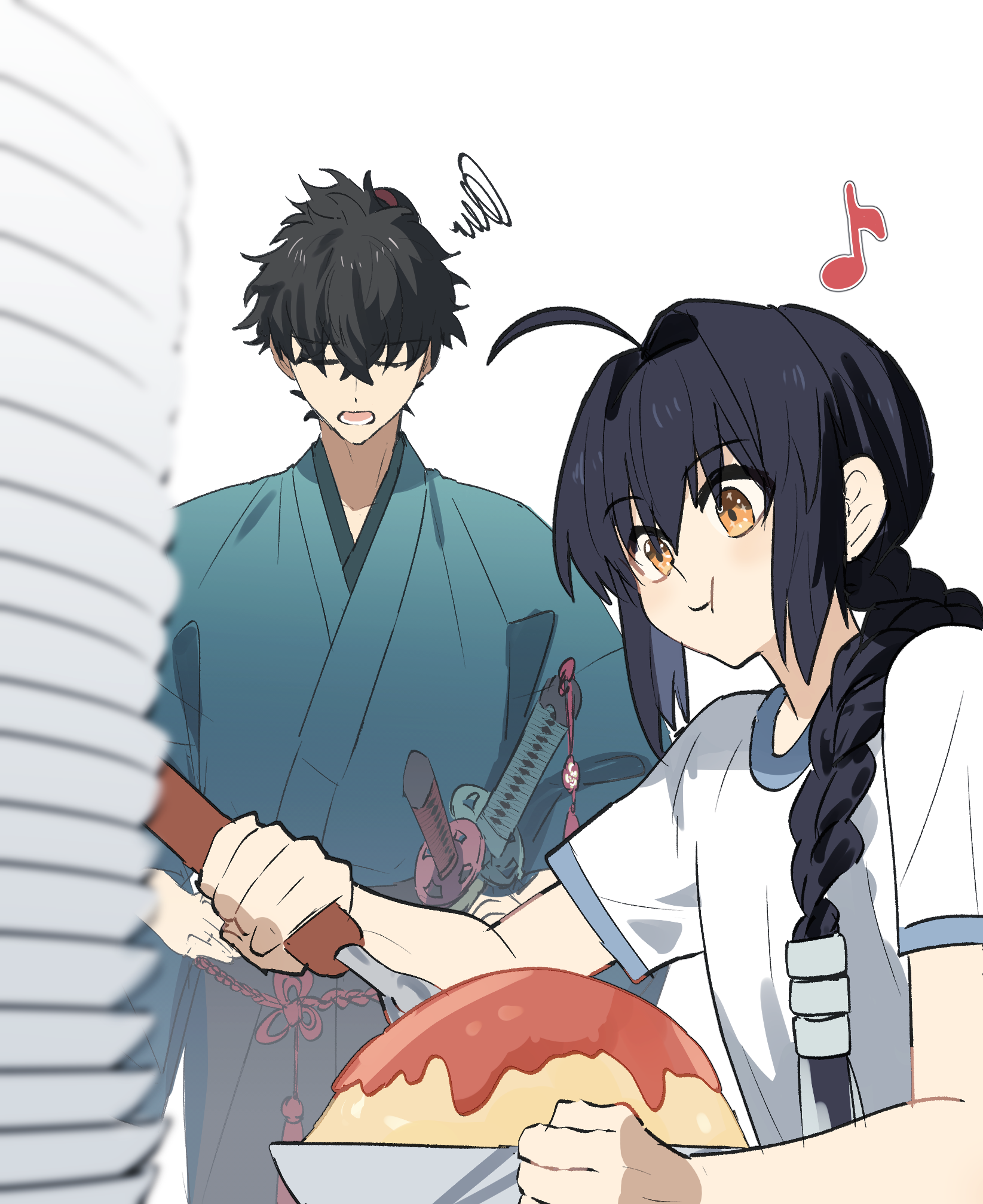 ninjin (ne f g o), miyamoto iori (fate), yamato takeru (fate), yamato takeru (fgo fes. 2024) (fate), fate/samurai remnant, fate (series), commentary request, highres, 1boy, 1other, ahoge, black hair, blue kimono, curry, eating, food, glutton, japanese clothes, kimono, long hair, musical note, open mouth, squiggle, sword, weapon, white background, yellow eyes