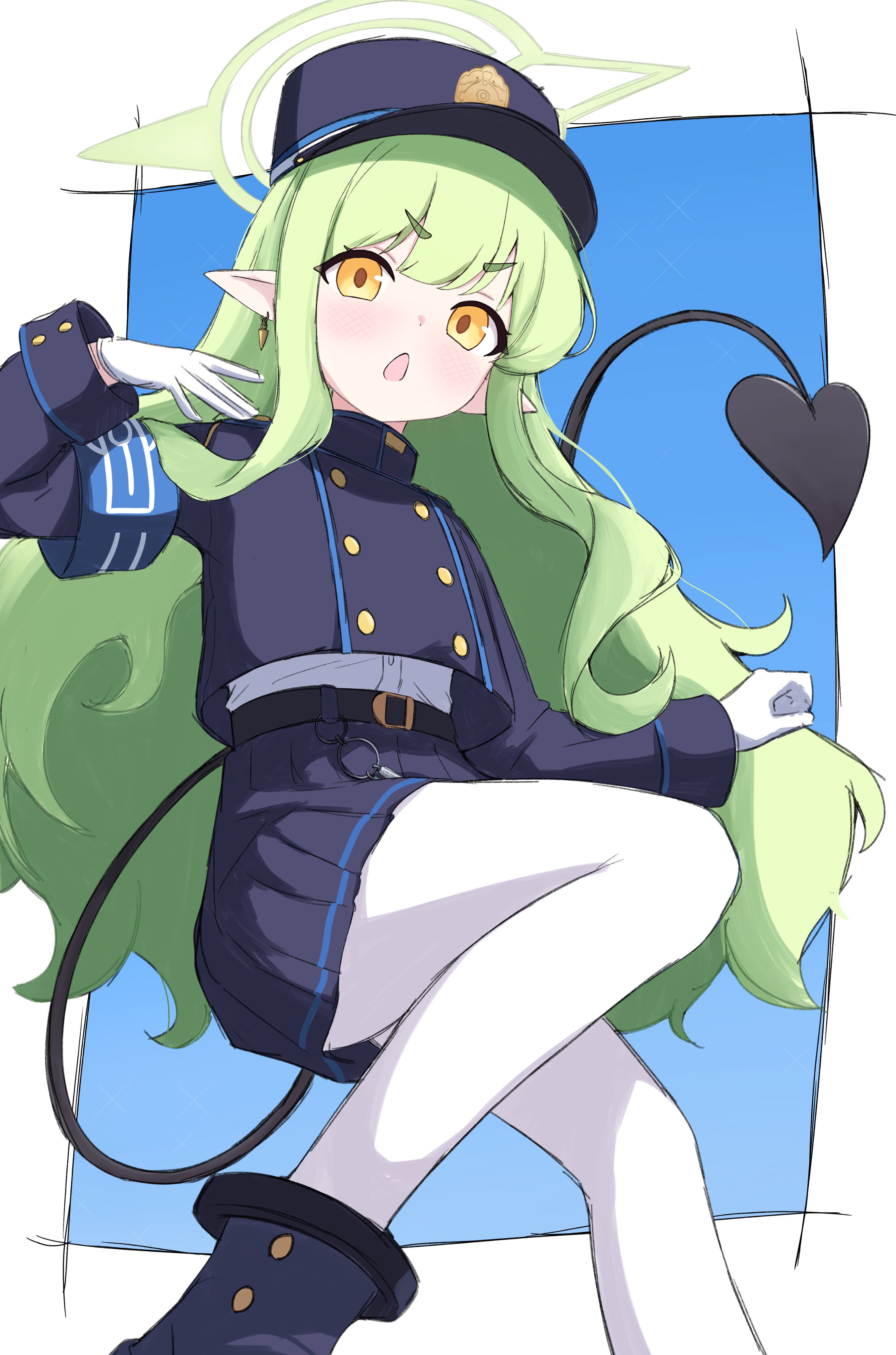 noiriririri, hikari (blue archive), blue archive, absurdres, highres, 1girl, :o, arm up, armband, belt, black belt, black boots, black skirt, blue armband, blue background, blue hat, blue trim, blush, boots, buttons, charm (object), cropped jacket, demon tail, double-breasted, feet out of frame, gloves, green hair, green halo, hair intakes, halo, hat, heart, heart tail, jacket, jewelry, leg up, light blush, long hair, long sleeves, pantyhose, pleated skirt, pointy ears, sidelocks, simple background, skirt, sleeve cuffs, solo, tail, v-shaped eyebrows, white background, white gloves, white pantyhose, white sleeves, yellow eyes