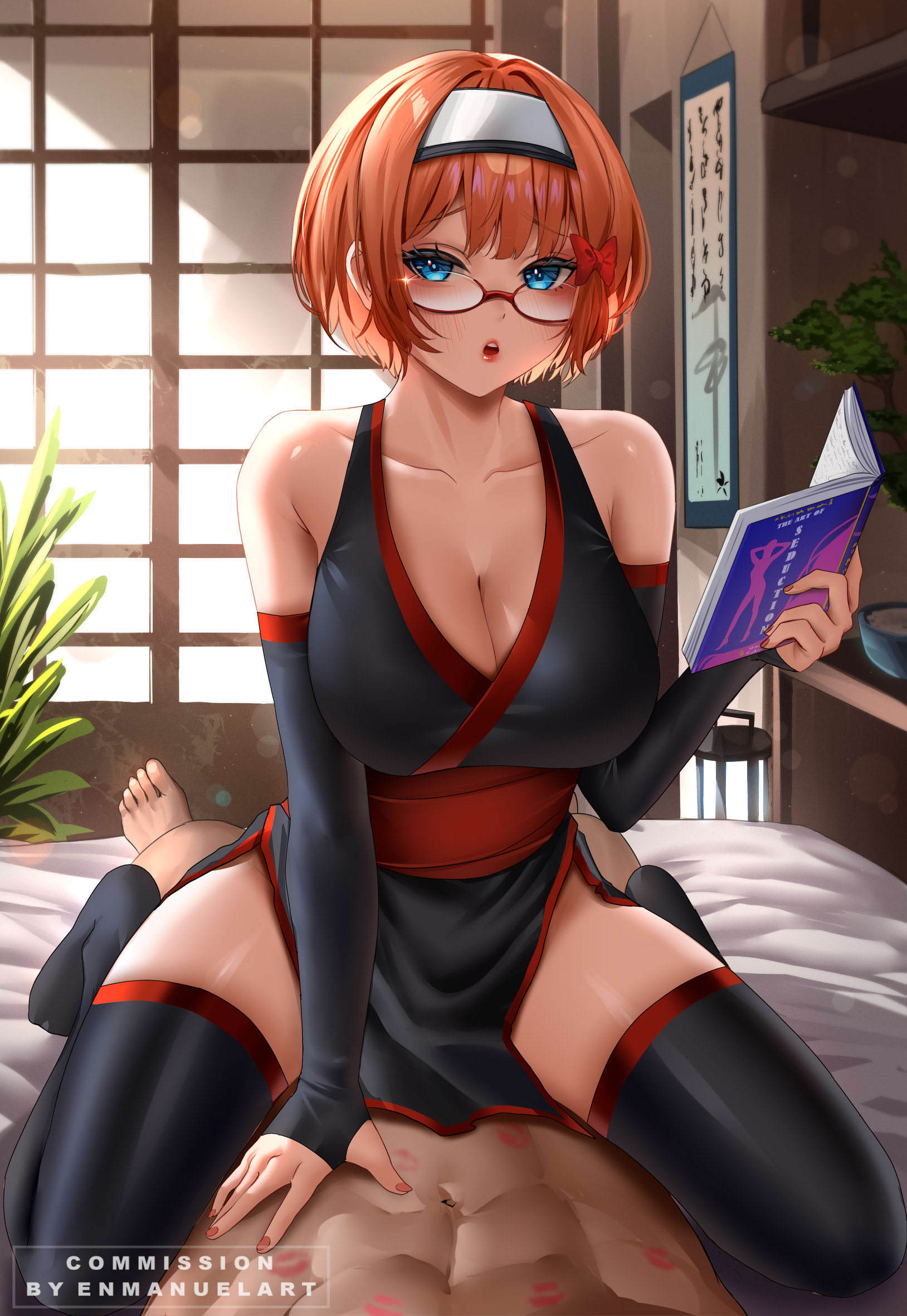 enma (enmanuelart), ogata rizu, bokutachi wa benkyou ga dekinai, commentary, commission, english commentary, highres, 1boy, 1girl, abs, architecture, armpit crease, artist name, bare shoulders, barefoot, black dress, black gloves, black sleeves, black thighhighs, blue eyes, blush, book, bookshelf, bow, breasts, cleavage, clothed female nude male, collarbone, detached sleeves, dress, east asian architecture, elbow gloves, eyelashes, full body, glasses, gloves, hair bow, hairband, hand on another's stomach, holding, holding book, indoors, large breasts, light particles, lips, lipstick mark, lipstick mark on stomach, looking at viewer, looking over eyewear, muscular, muscular male, nail polish, navel, nude, open book, orange hair, orange nails, parted lips, plant, pov, red-framed eyewear, red bow, red lips, semi-rimless eyewear, short hair, sitting, sitting on person, solo focus, sparkle, thighhighs, wariza, watermark, white hairband
