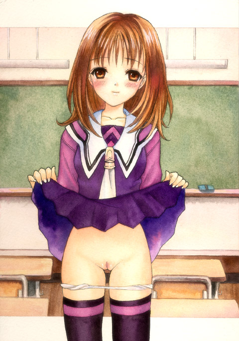 kotomix, yoshizuki iori, i"s, 1girl, blush, board eraser, brown eyes, brown hair, chalkboard, classroom, clothes lift, female focus, looking at viewer, panties, panty pull, pussy, school, school uniform, serafuku, skirt, skirt lift, solo, thighhighs, uncensored, underwear