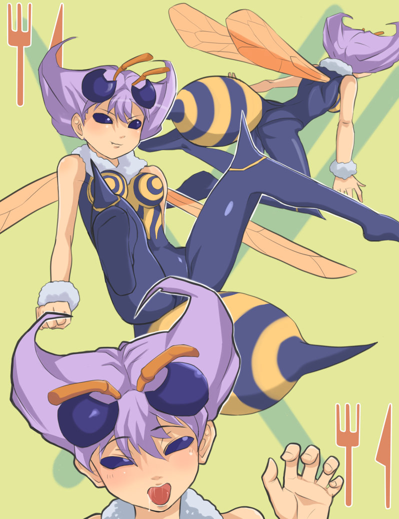 tarayama, q-bee, capcom, darkstalkers, striped, 1girl, antennae, arthropod girl, ass, bee girl, monster girl, multiple views, no pupils, pantyhose, purple hair, solid eyes, wings