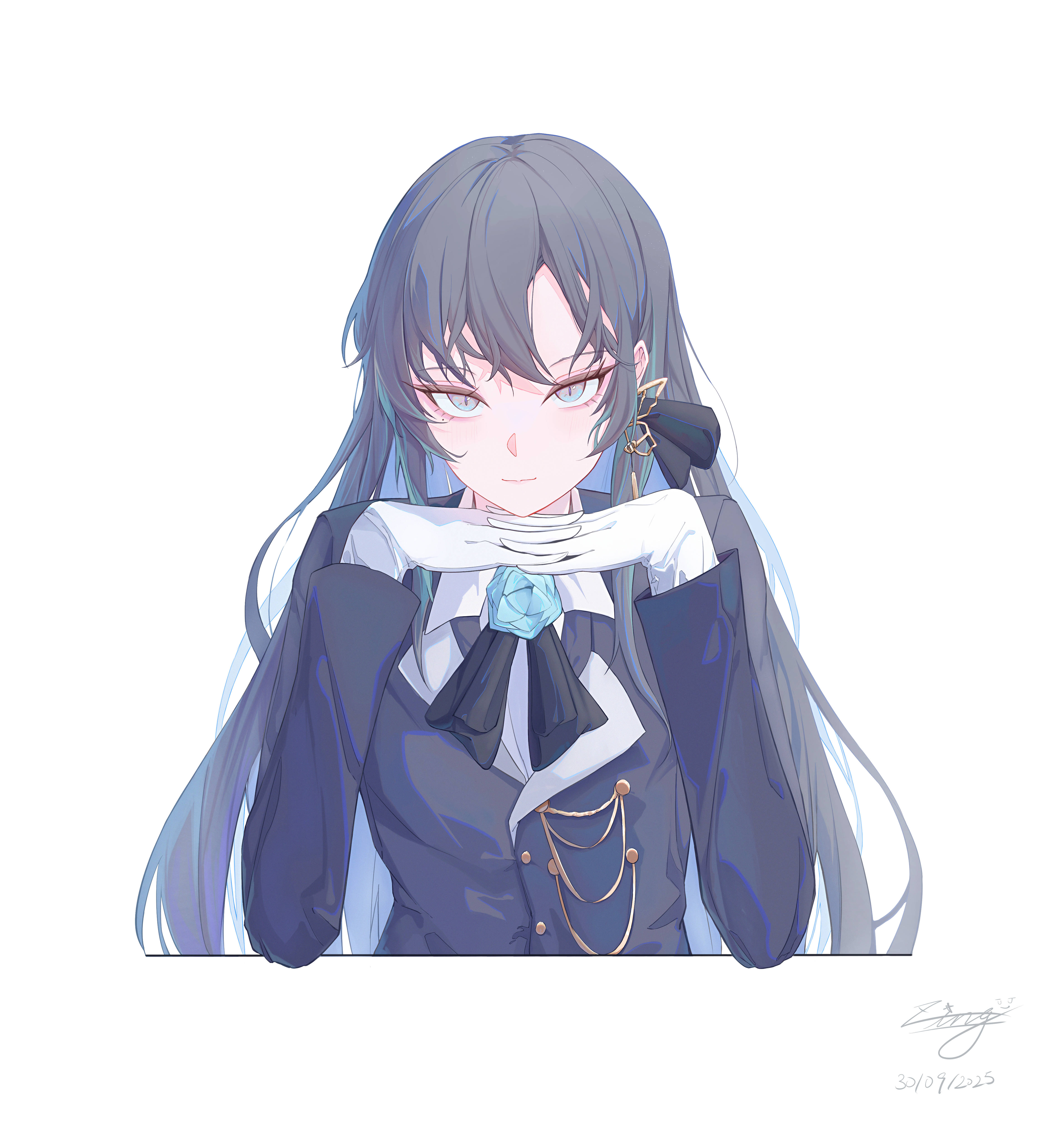 zing (zingart), chando (ado), ado (utaite), absurdres, commentary, highres, 1girl, black hair, black jacket, blue eyes, blue hair, closed mouth, colored inner hair, dated, gloves, jacket, long hair, looking at viewer, mole, mole under eye, multicolored hair, own hands together, signature, simple background, solo, upper body, utaite, white background, white gloves