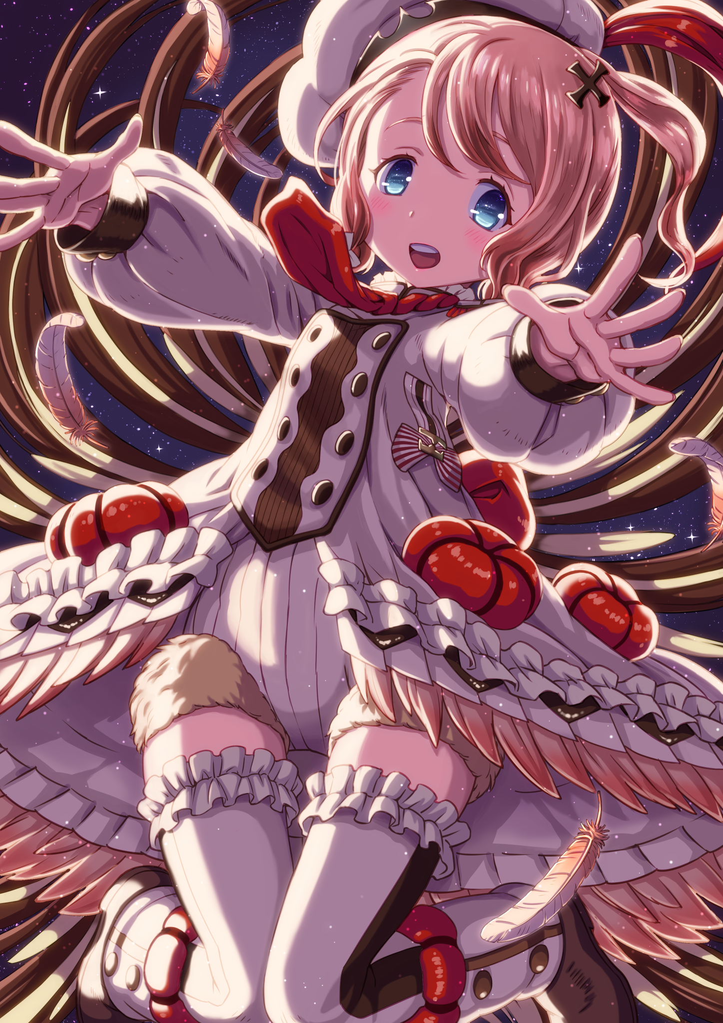 gig99, pechika (mahoiku), mahou shoujo ikusei keikaku, mahou shoujo ikusei keikaku restart, highres, 1girl, aqua eyes, blonde hair, boots, chika tatehara, dress, feathered hat, feathers, frilled dress, frilled thighhighs, frills, magical girl, short hair, smile, thighhighs, white thighhighs
