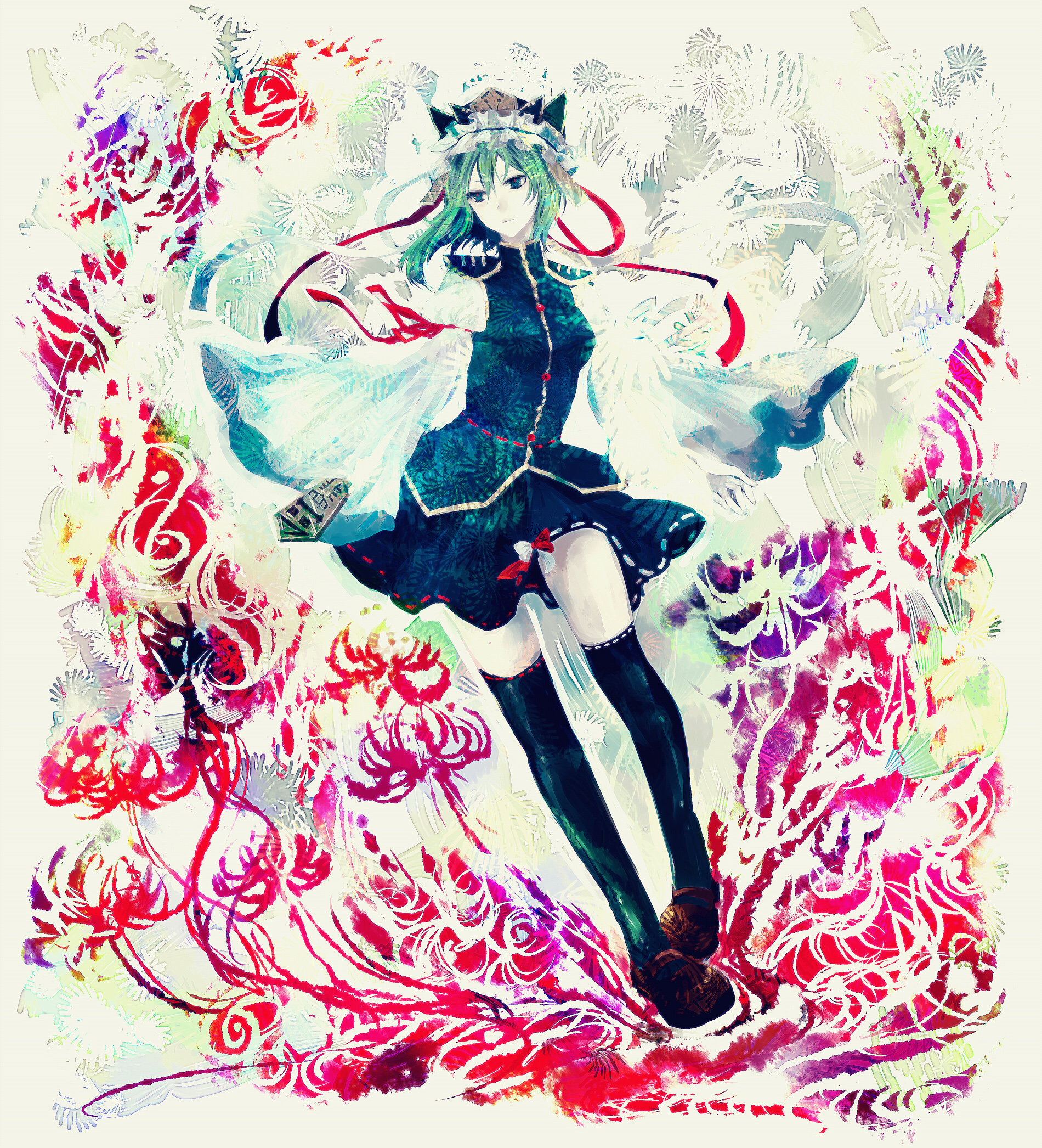 minase (mmakina), shiki eiki, touhou, bad id, bad pixiv id, highres, 1girl, asymmetrical clothes, female focus, flower, green eyes, green hair, hat, matching hair/eyes, red flower, ribbon, rod of remorse, short hair, skirt, solo, spider lily, thighhighs