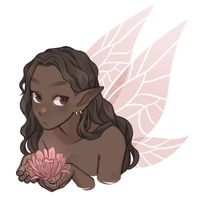 original, commentary, commission, english commentary, 1girl, bare shoulders, dark-skinned female, dark skin, earrings, fairy wings, flower, gluca, holding, holding flower, jewelry, multiple earrings, pointy ears, portrait, signature, solo, very dark skin, wavy hair, wings
