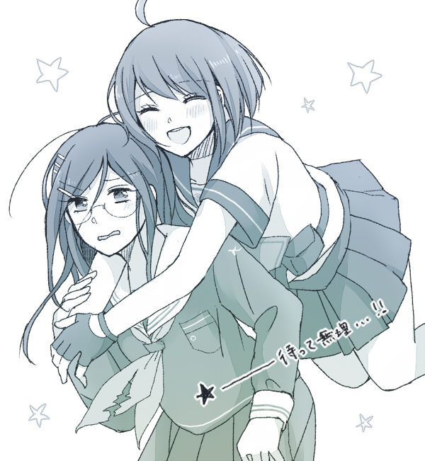 fukawa toko, naegi komaru, danganronpa (series), danganronpa another episode: ultra despair girls, commentary request, translation request, 2girls, ahoge, blush, breast pocket, closed eyes, collared shirt, eyelashes, glasses, gloves, hair between eyes, hair ornament, hairclip, hug, hug from behind, long hair, long sleeves, monochrome, multiple girls, neckerchief, open mouth, pocket, sailor collar, school uniform, serafuku, shirt, short hair, short sleeves, simple background, sincerely122, single glove, skirt, smile, star (symbol), teeth, torn clothes, torn neckerchief, upper teeth only, white background