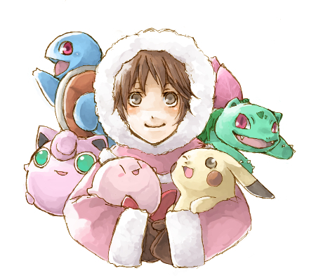 ice climbers, ivysaur, jigglypuff, kirby, nana (ice climber), pikachu, popo (ice climber), squirtle, ice climber, kirby (series), nintendo, pokemon, super smash bros., lowres, 1girl, brown eyes, brown hair, gen 1 pokemon, gloves, green eyes, hood, hug, pokemon (creature), red eyes, smile