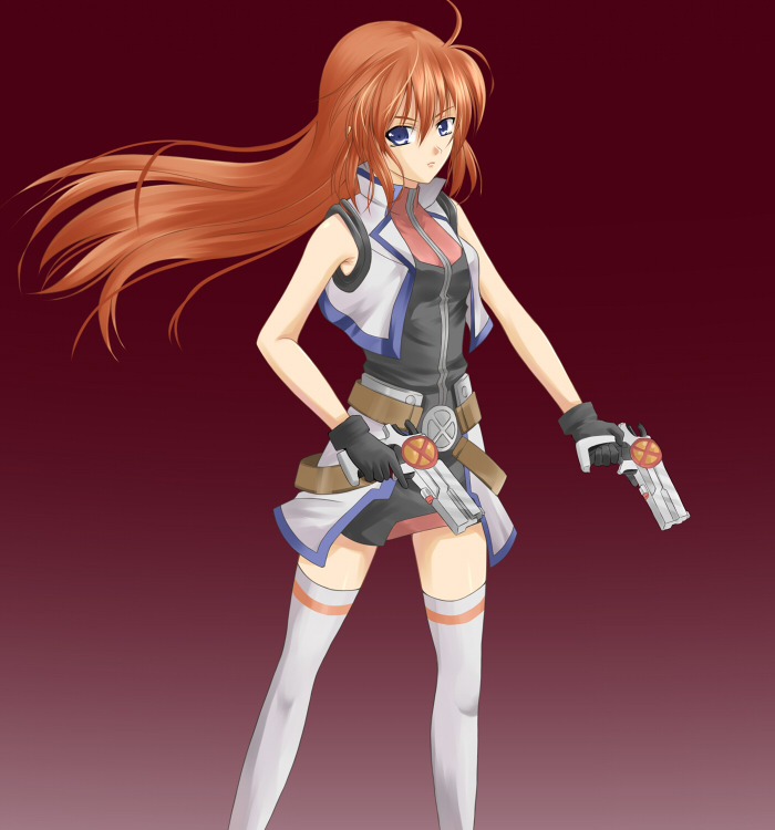 tadokoro teppei, cross mirage, teana lanster, lyrical nanoha, mahou shoujo lyrical nanoha, mahou shoujo lyrical nanoha strikers, bad id, bad pixiv id, 00s, 1girl, dual wielding, female focus, gun, handgun, holding, long hair, pistol, solo, thighhighs, weapon, zettai ryouiki