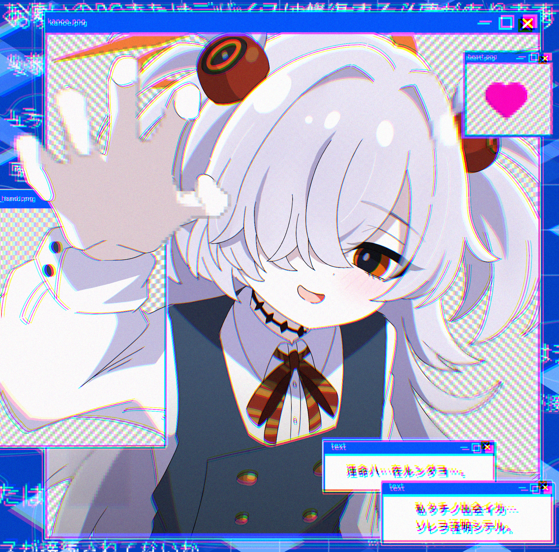 shimotsukiya, kanoe (blue archive), blue archive, highres, 1girl, :o, arm up, black choker, black dress, black eyes, black vest, blue background, brown eyes, brown halo, brown ribbon, buttons, choker, chromatic aberration, collared shirt, diagonal-striped ribbon, distortion, dot nose, double-breasted, dress, fake transparency, fourth wall, hair bobbles, hair intakes, hair ornament, hair over one eye, halo, heart, icon (computing), light blush, long hair, long sleeves, monitor, multicolored eyes, puffy sleeves, reaching, reaching towards viewer, ribbon, shirt, short twintails, solo, twintails, two-tone eyes, upper body, vest, wavy mouth, white sleeves, window (computing)