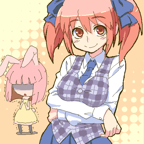 rabi-tan, sumomo (kumatanchi), kumatanchi, breast hold, lowres, animal ears, breast envy, breasts, large breasts, necktie, pink hair, rabbit ears, twintails