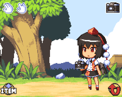 shameimaru aya, kumatanchi, touhou, looking away, lowres, 1girl, camera, crossover, expressionless, fake screenshot, female focus, geta, hat, parody, solo, tengu-geta