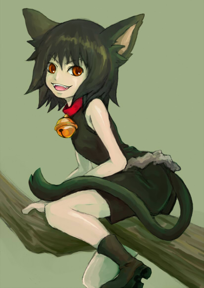 choma, neko-kun, kumatanchi, 1boy, animal ears, bell, black hair, cat boy, cat ears, cat tail, male focus, nature, plant, red eyes, short hair, simple background, solo, tail