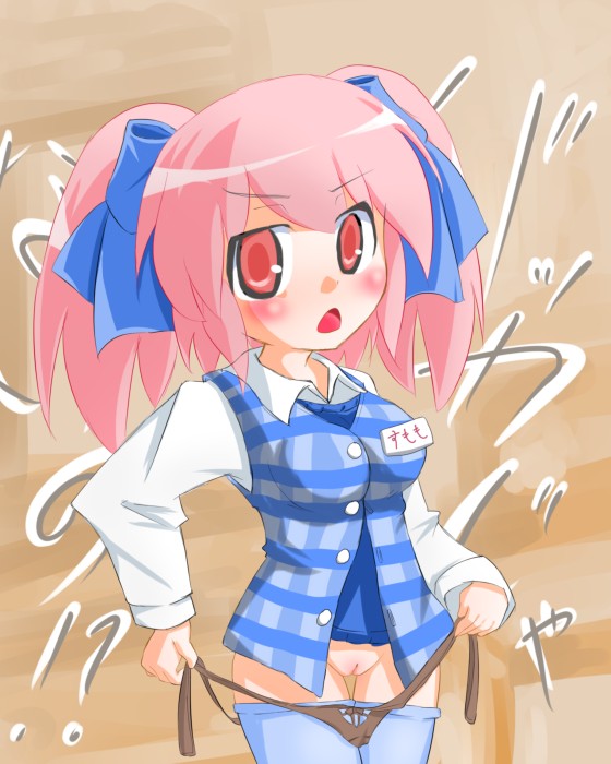 sumomo (kumatanchi), kumatanchi, 1girl, breasts, female focus, panties, pink hair, pussy, red eyes, side-tie panties, solo, standing, thighhighs, twintails, uncensored, underwear