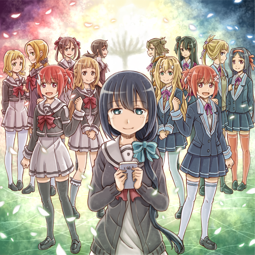gig99, doi tamako, inubouzaki fuu, inubouzaki itsuki, iyojima anzu, koori chikage, minowa gin, miyoshi karin, nogi sonoko, nogi wakaba, takashima yuuna, tougou mimori, uesato hinata, yuuki yuuna, nogi wakaba wa yuusha de aru, washio sumi wa yuusha de aru, yuuki yuuna wa yuusha de aru, yuusha de aru, 6+girls, black hair, black thighhighs, blonde hair, bow, bowtie, brown hair, cellphone, green eyes, long hair, multiple girls, petals, phone, red bow, red bowtie, red eyes, red hair, red thighhighs, sanshuu middle school uniform, school uniform, shinju-kan school uniform, shoes, short hair, smartphone, smile, thighhighs, white thighhighs