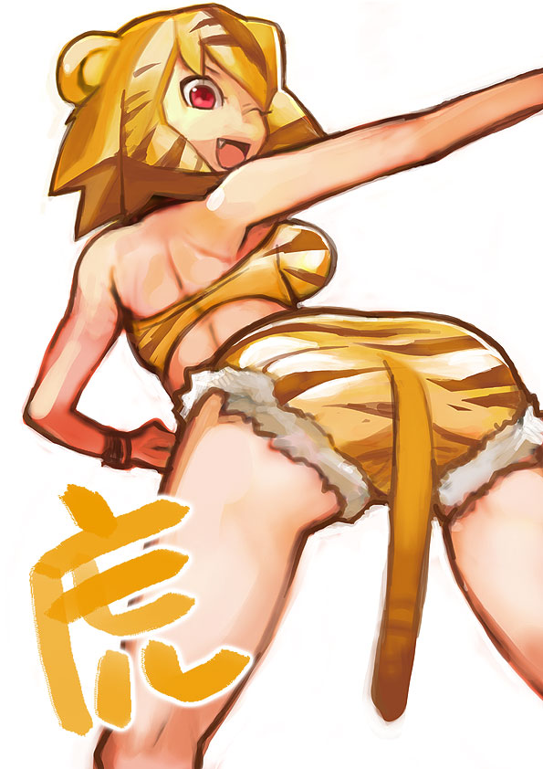 saitou yahu, tora-oneesan, kumatanchi, bad id, bad pixiv id, animal costume, animal ears, animal print, cat ears, cat tail, costume, orange hair, solo, tail, tiger costume, tiger print