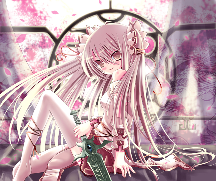 xephonia, long hair, ribbon, skirt, solo, sword, twintails, weapon