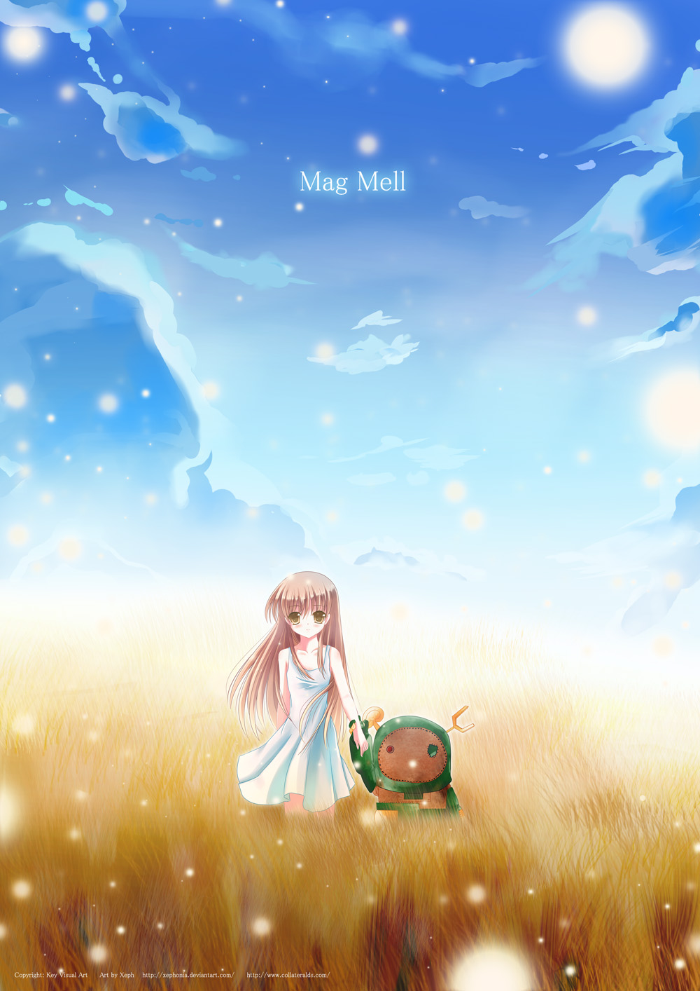 xephonia, garbage doll, girl from the illusionary world, clannad, highres, official art, 00s, 1girl, artist name, blue sky, brown eyes, brown hair, day, dress, field, green eyes, heterochromia, holding own arm, long hair, looking at viewer, outdoors, red eyes, sky, standing, watermark, web address, white dress