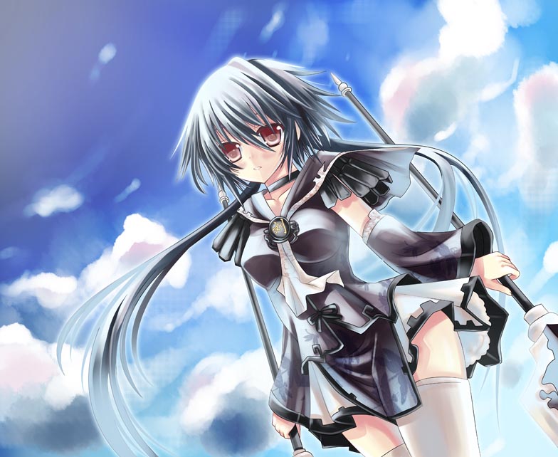 xephonia, 1girl, blue hair, cloud, day, female focus, long hair, skirt, sky, socks, solo, staff, thighhighs