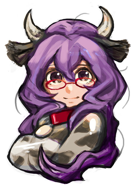 saitou yahu, ushi-oneesan, kumatanchi, bad id, bad pixiv id, 1girl, animal ears, breasts, collar, cow ears, cow girl, female focus, glasses, horns, huge breasts, purple hair, smile, solo