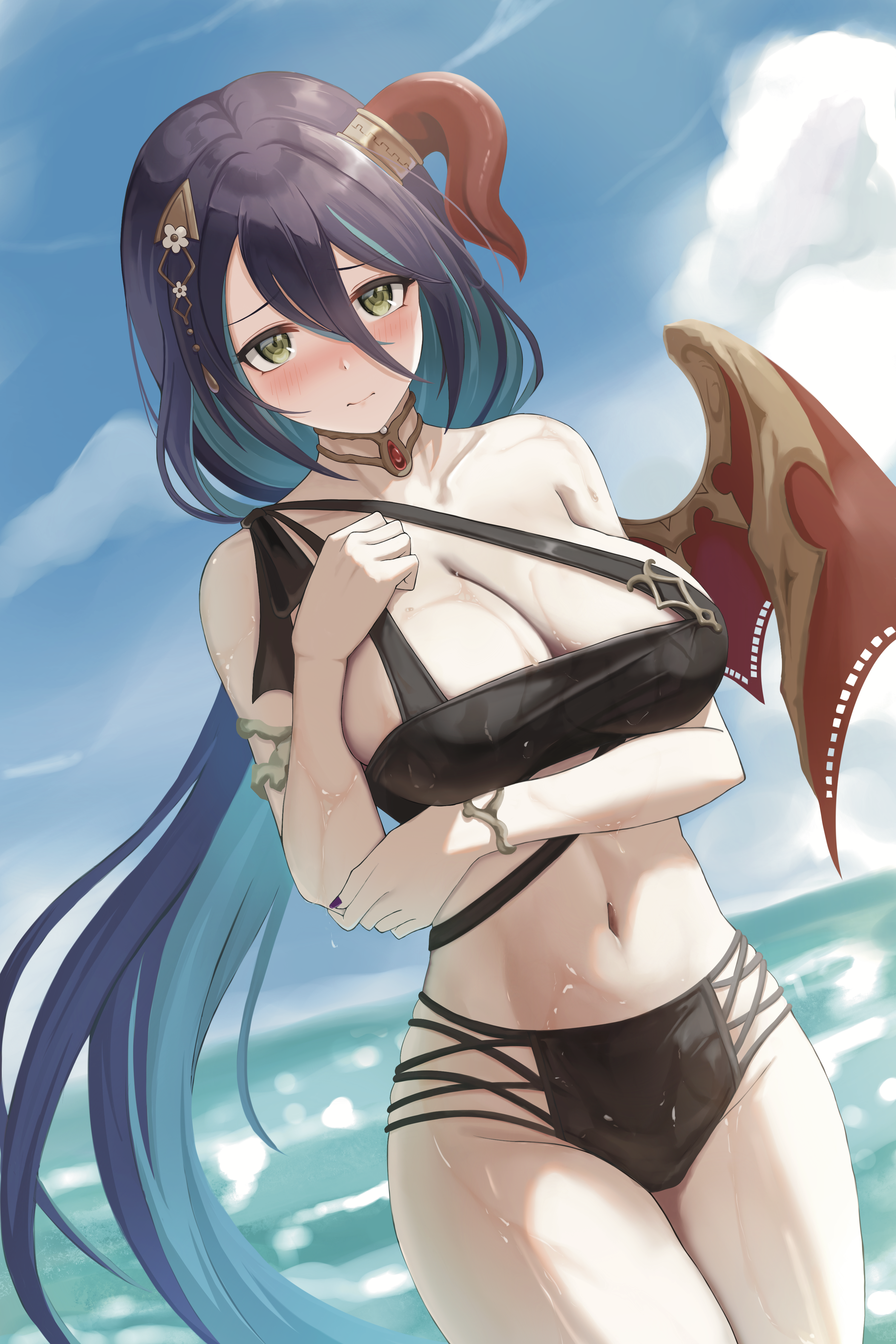 craig (2980ct), ranpha (princess connect!), ranpha (summer) (princess connect!), princess connect!, absurdres, highres, 1girl, arm under breasts, bikini, black bikini, black hair, blush, green eyes, hair between eyes, hair ornament, horn ornament, horn ring, horns, legs together, long hair, looking at viewer, multi-strapped bikini bottom, navel, ocean, outdoors, red horns, red wings, single bare shoulder, single horn, single wing, solo, standing, swimsuit, wings