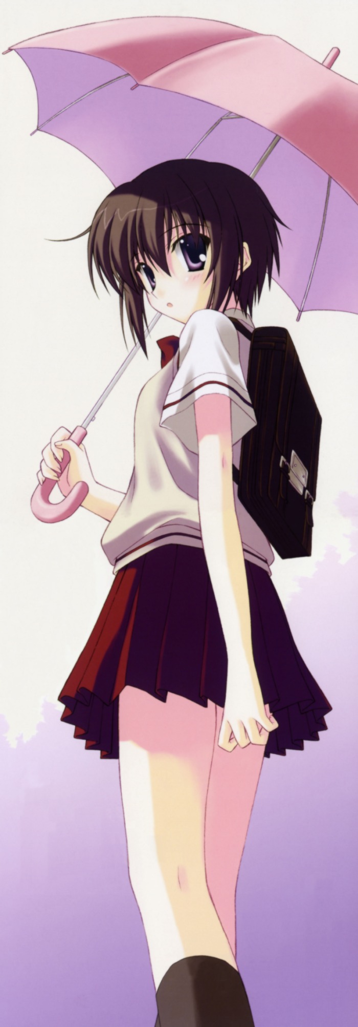 nanao naru, kawazoe tamaki, bamboo blade, highres, long image, tall image, 00s, bag, black socks, brown hair, from behind, gradient background, kneehighs, looking back, open mouth, purple background, purple eyes, red skirt, school bag, school uniform, shirt, short hair, short sleeves, simple background, skirt, socks, solo, thighs, umbrella, vest, white background