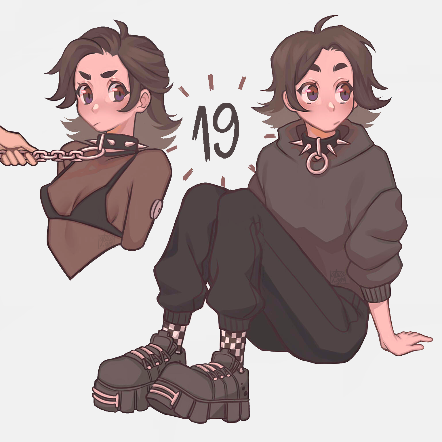 original, commentary, english commentary, highres, 1girl, 1other, :/, artist self-insert, black bra, black eyes, black hair, black hoodie, black pants, black shoes, bodystocking, bra, breasts, checkered clothes, checkered socks, collar, gluca, holding, holding leash, hood, hoodie, leash, medium hair, pants, see-through cleavage, see-through clothes, shoes, sitting, small breasts, socks, solo focus, spiked collar, spikes, thick eyebrows, underwear