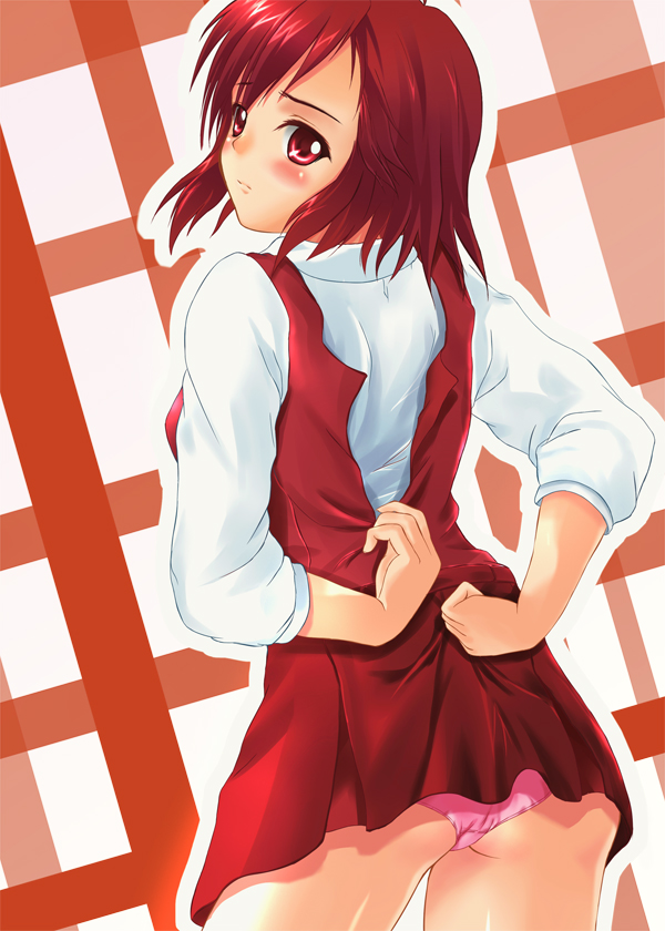 koni, aoba tsugumi, kannagi, 00s, panties, pink panties, red hair, school uniform, serafuku, short hair, solo, underwear, undressing, upskirt