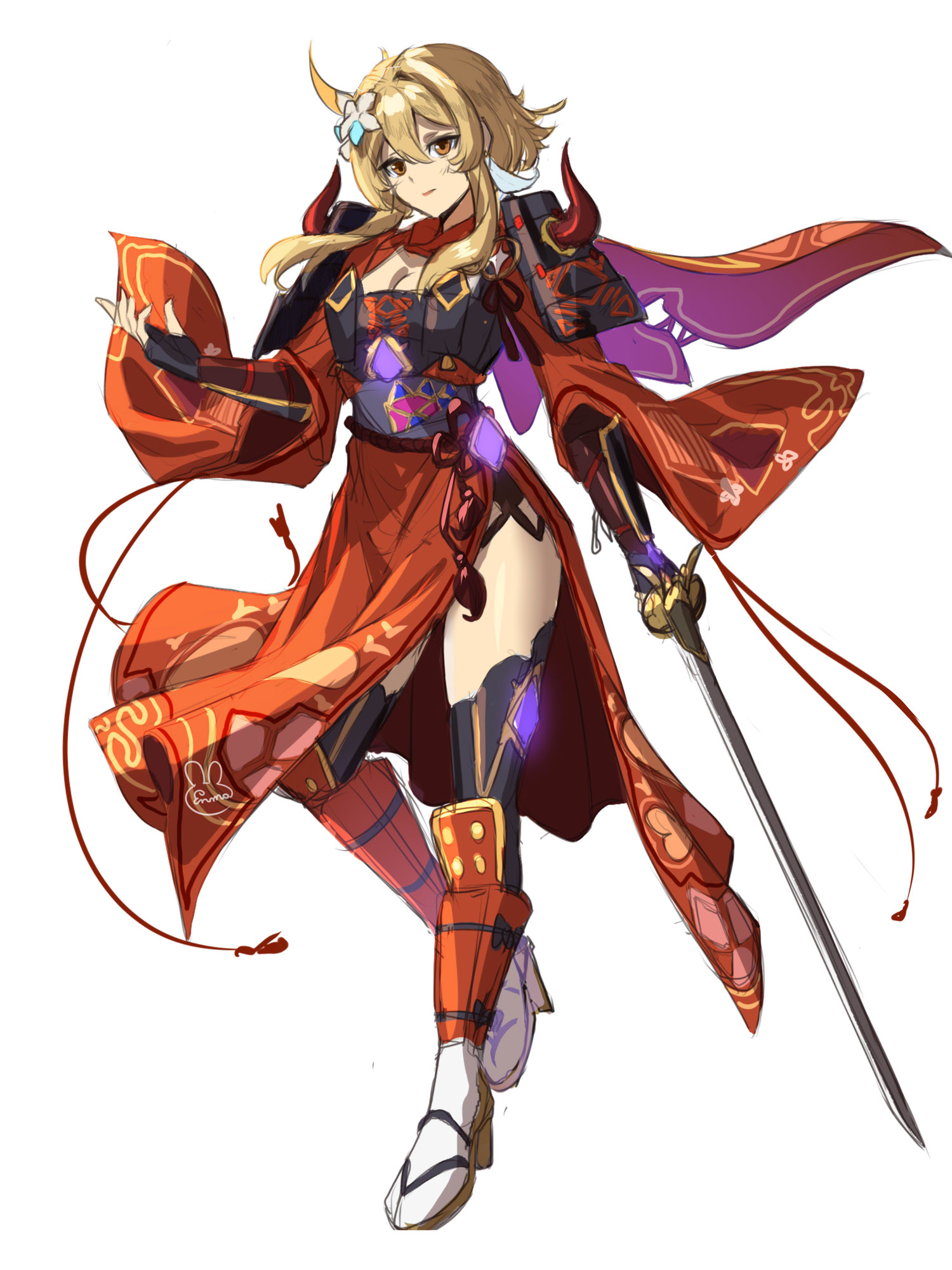 enma (enmanuelart), lumine (genshin impact), genshin impact, commentary, english commentary, highres, 1girl, alternate costume, arm armor, armor, black thighhighs, blonde hair, breastplate, breasts, brown shoes, cape, cleavage, closed mouth, eyelashes, fingerless gloves, flower hairpin, foot up, full body, gloves, grey sash, hair between eyes, hand up, holding, holding sword, holding weapon, horned armor, horns, japanese armor, japanese clothes, katana, kimono, knee armor, long hair, looking to the side, medium breasts, orange eyes, red cape, red horns, red kimono, red rope, rope, rope around waist, shoes, shoulder armor, sidelocks, simple background, socks, solo, standing, star ornament, sword, tassel, thighhighs, weapon, white background, white socks, wide sleeves
