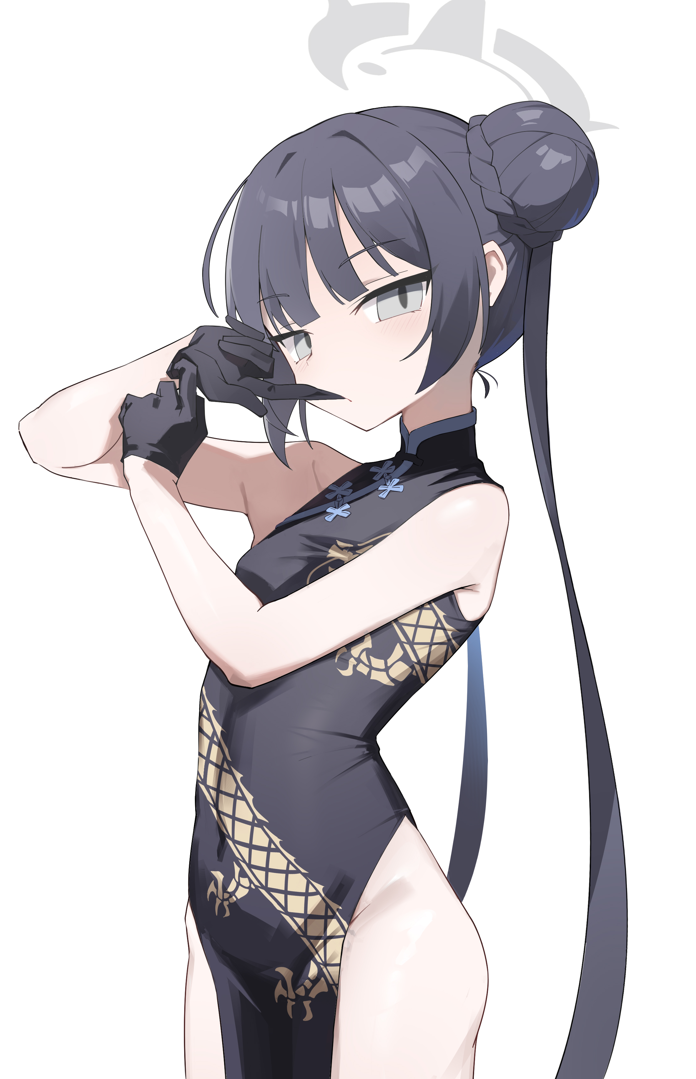 kaminari (edeath), kisaki (blue archive), blue archive, absurdres, commentary, highres, 1girl, bare arms, bare shoulders, black dress, black gloves, black hair, braid, braided bun, breasts, china dress, chinese clothes, clothing cutout, covered navel, cowboy shot, double bun, dragon print, dress, from side, glove in mouth, gloves, grey eyes, grey halo, hair bun, halo, hands up, light blush, long hair, looking at viewer, mouth hold, pelvic curtain, print dress, side cutout, sidelocks, simple background, small breasts, solo, standing, swept bangs, thighs, very long hair, white background