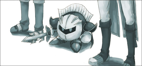 ike (fire emblem), marth (fire emblem), meta knight, fire emblem, fire emblem: mystery of the emblem, fire emblem: path of radiance, kirby (series), nintendo, super smash bros., 2boys, aqua theme, armor, galaxia (sword), gloves, greyscale, height difference, mask, monochrome, multiple boys, simple background, sword, weapon, white background