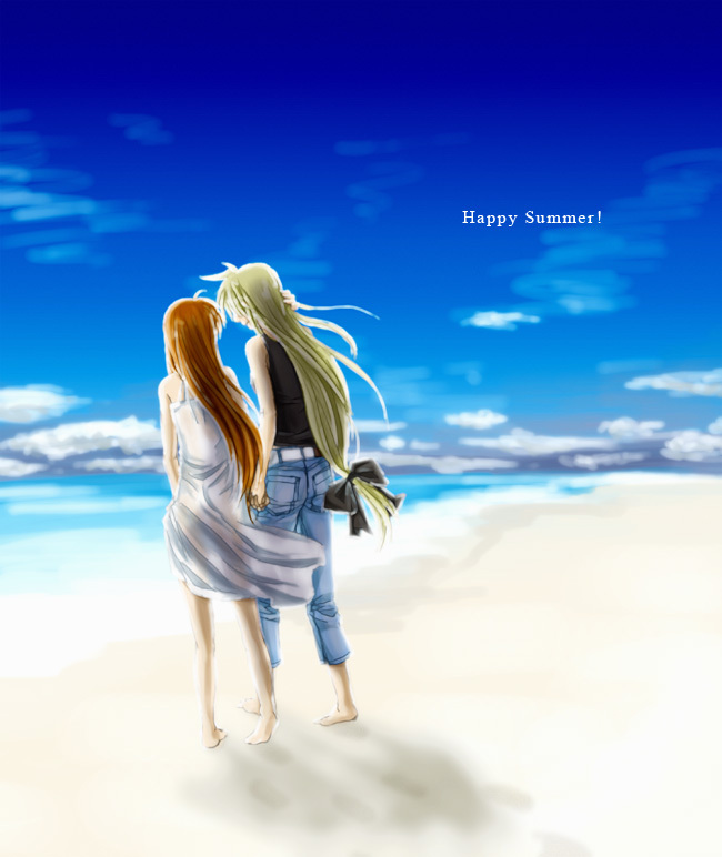 fate testarossa, takamachi nanoha, lyrical nanoha, mahou shoujo lyrical nanoha, mahou shoujo lyrical nanoha strikers, 00s, 2girls, beach, blonde hair, casual, day, denim, dress, holding hands, jeans, long hair, multiple girls, pants, very long hair, yuri