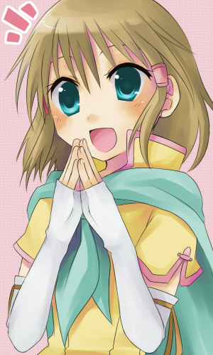 mist (fire emblem), mist (path of radiance) (fire emblem), fire emblem, fire emblem: path of radiance, fire emblem: radiant dawn, nintendo, lowres, brown hair, elbow gloves, gloves, green eyes, hair tubes, scarf, short hair, smile, solo