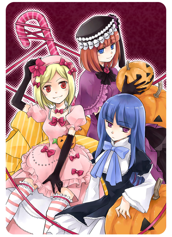 azuma shouko, eva beatrice, frederica bernkastel, lambdadelta, umineko no naku koro ni, 00s, 3girls, blonde hair, blue eyes, blue hair, candy, dress, elbow gloves, food, gloves, hat, jack-o'-lantern, multiple girls, orange hair, pink dress, pink hat, pumpkin, purple eyes, red eyes, ribbon