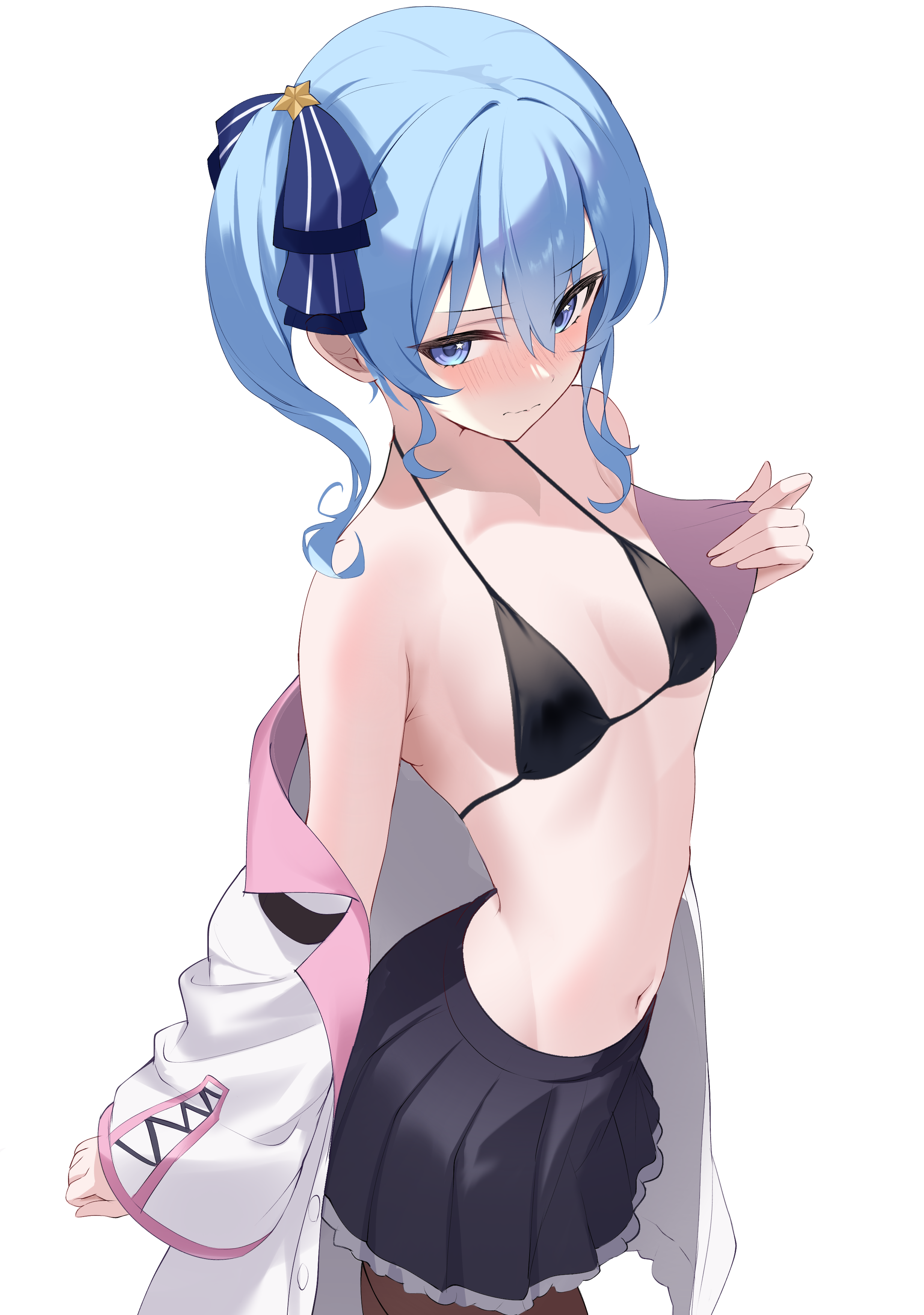 fawny, hakui koyori, hakui koyori (1st costume), hoshimachi suisei, hololive, absurdres, highres, paid reward available, 1girl, asymmetrical sidelocks, bikini, bikini top only, black bikini, black pantyhose, black skirt, blue eyes, blue hair, blue ribbon, blush, breasts, cleavage, closed mouth, coat, coat partially removed, cosplay, cross-laced clothes, cross-laced sleeves, double-parted bangs, frilled coat, frilled skirt, frills, hair between eyes, hair ribbon, hakui koyori (cosplay), lab coat, lapels, long sleeves, looking at viewer, miniskirt, navel, notched lapels, pantyhose, pleated skirt, ribbon, short hair, side ponytail, sidelocks, simple background, skirt, small breasts, solo, star (symbol), star in eye, stomach, swimsuit, symbol in eye, virtual youtuber, wavy hair, white background, white coat