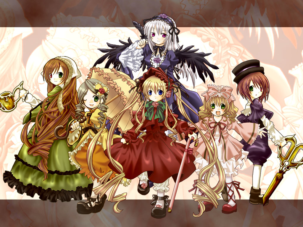 kuro (pixiv213382), hinaichigo, kanaria, shinku, souseiseki, suigintou, suiseiseki, rozen maiden, silver hair, 00s, 6+girls, blonde hair, blue eyes, bow, brown hair, cane, dress, drill hair, frills, green eyes, green hair, hairband, hat, heterochromia, long hair, multiple girls, purple eyes, scissors, siblings, sisters, twins, umbrella, very long hair, watering can, wings