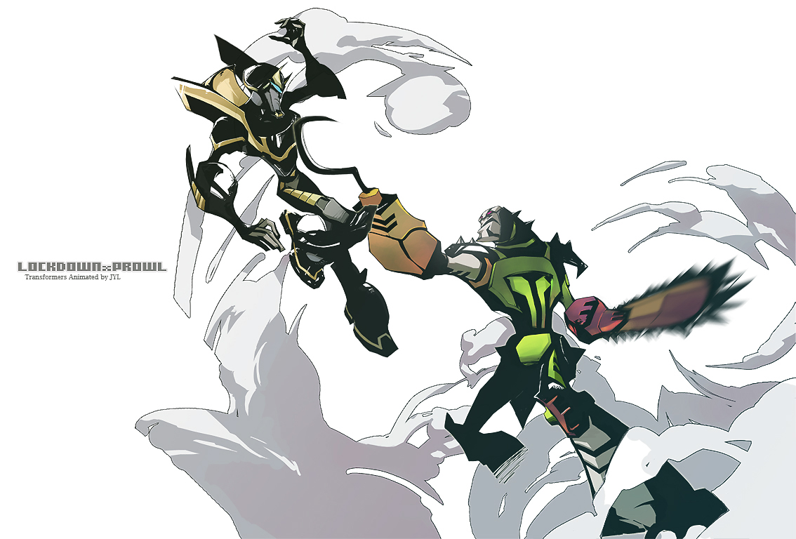 lockdown, prowl (transformers), transformers, transformers animated, autobot, chainsaw, character name, copyright name, decepticon, hook, hook hand, machine, machinery, mecha, motion blur, multiple boys, ninja, no humans, personification, police, red eyes, robot, science fiction, smoke, weapon