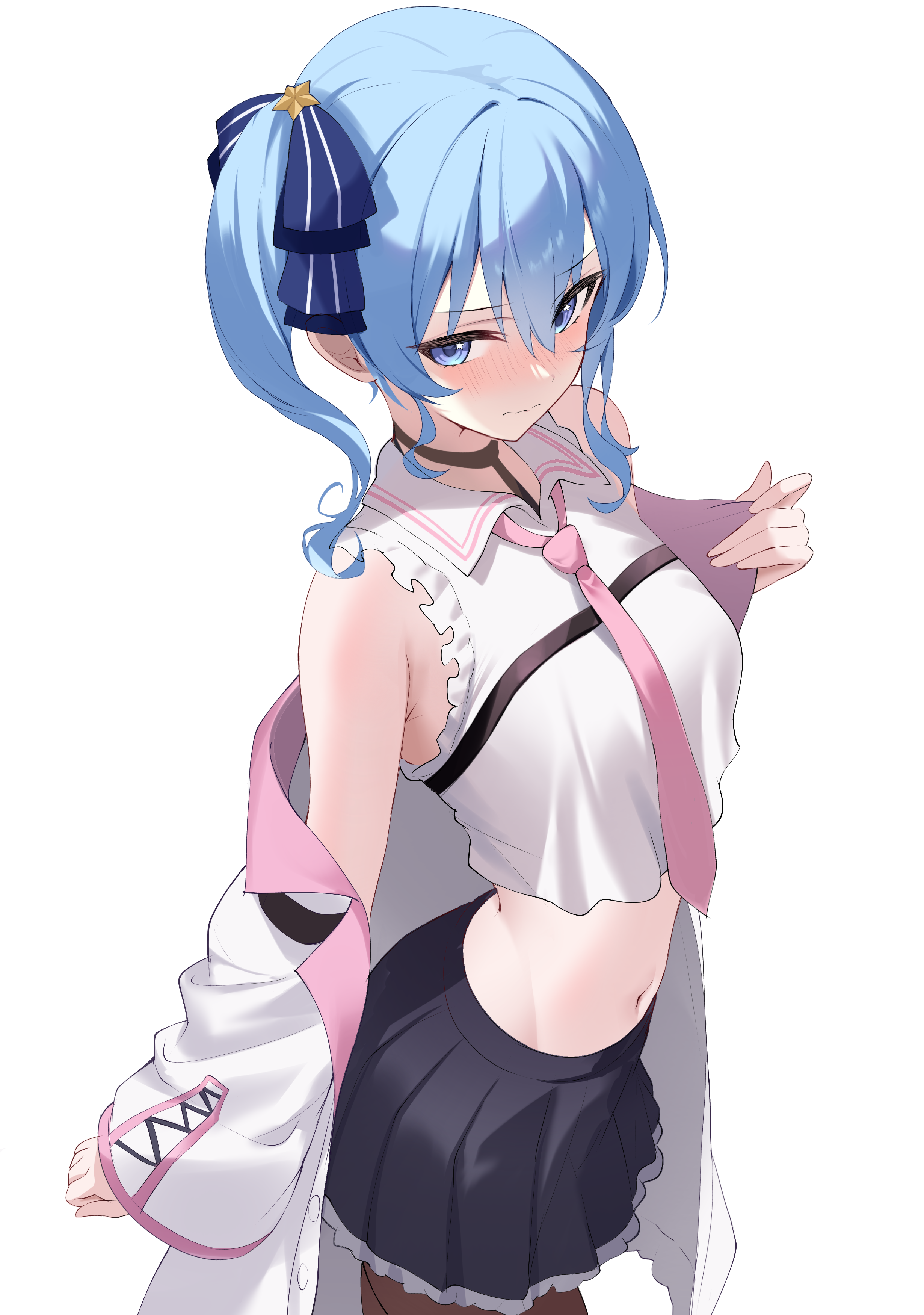 fawny, hakui koyori, hakui koyori (1st costume), hoshimachi suisei, hololive, absurdres, highres, paid reward available, 1girl, asymmetrical sidelocks, black choker, black pantyhose, black skirt, blue eyes, blue hair, blue ribbon, blush, choker, closed mouth, coat, coat partially removed, collared shirt, cosplay, cropped shirt, cross-laced clothes, cross-laced sleeves, double-parted bangs, frilled coat, frilled shirt, frilled skirt, frills, hair between eyes, hair ribbon, hakui koyori (cosplay), lab coat, lapels, long sleeves, looking at viewer, loose necktie, miniskirt, navel, necktie, notched lapels, pantyhose, pink necktie, pleated skirt, ribbon, shirt, short hair, side ponytail, sidelocks, simple background, skirt, sleeveless, sleeveless shirt, solo, star (symbol), star in eye, symbol in eye, virtual youtuber, wavy hair, white background, white coat, white shirt