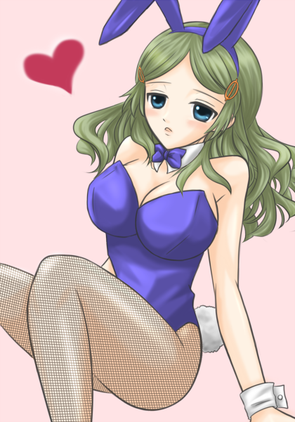dahlia (tiamatdahlia), kimidori emiri, suzumiya haruhi no yuuutsu, 00s, 1girl, animal ears, blue eyes, breasts, cleavage, fake animal ears, female focus, fishnet pantyhose, fishnets, green hair, hair ornament, hairclip, heart, large breasts, long hair, pantyhose, playboy bunny, rabbit ears, solo