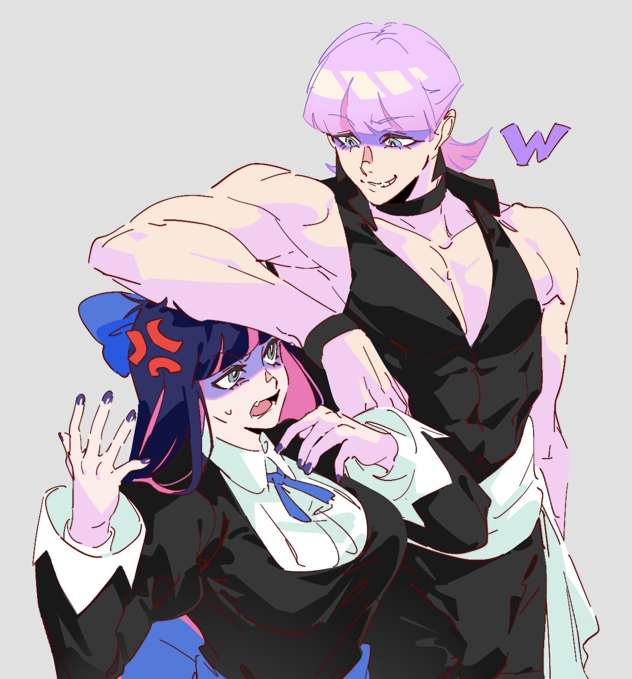 polyurethane (psg), stocking (psg), panty & stocking with garterbelt, highres, 1boy, 1girl, bb zatta, black dress, blue eyes, bow, breasts, cousins, dress, evil grin, evil smile, grin, hair bow, large breasts, long hair, looking at another, muscular, muscular male, pink hair, smile, toned, toned male