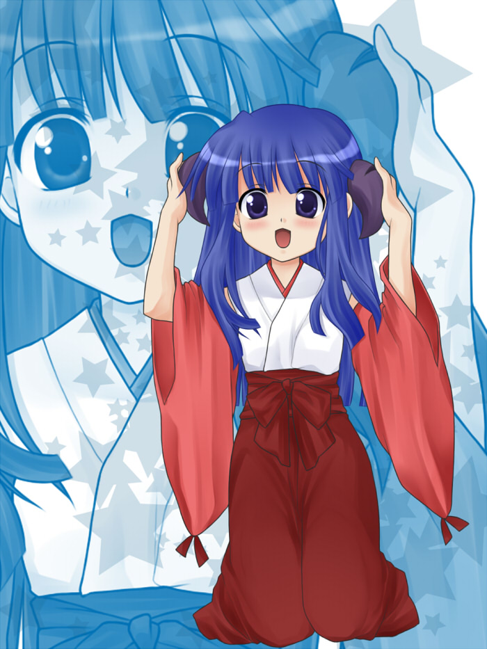 rik t, furude rika, hanyuu, higurashi no naku koro ni, bad id, bad pixiv id, 1girl, blue eyes, blue hair, cosplay, detached sleeves, female focus, hakama, hakama skirt, hanyuu (cosplay), horns, japanese clothes, long hair, matching hair/eyes, miko, red hakama, skirt, solo, zoom layer