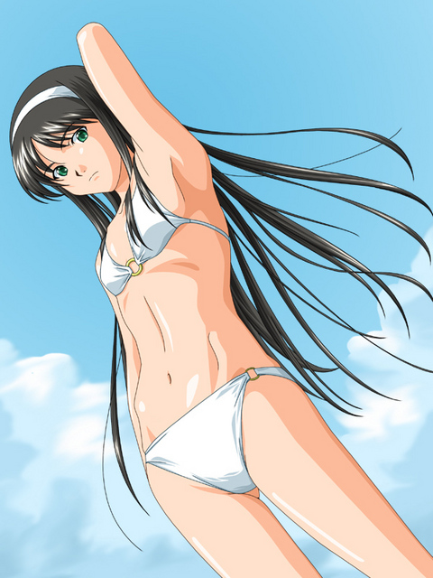 fukuoka katsumi, tohno akiha, tsukihime, 00s, 1girl, arm behind head, arm up, bikini, black hair, cloud, day, dutch angle, female focus, flat chest, frown, green eyes, hair over breasts, hairband, long hair, looking at viewer, navel, o-ring, o-ring bottom, o-ring top, outdoors, parted bangs, sidelocks, skinny, sky, solo, standing, swimsuit, very long hair, white bikini