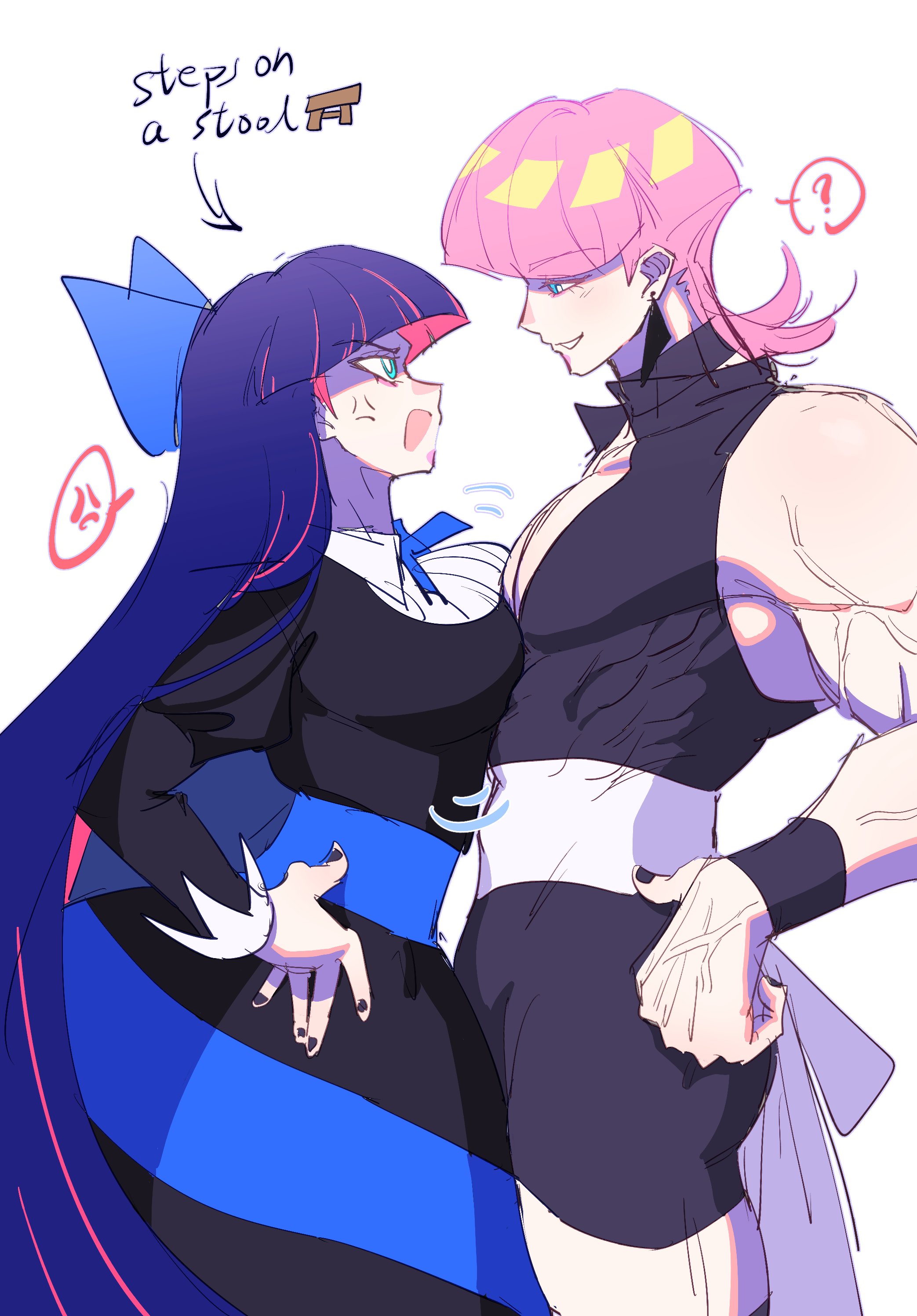 ray5green, polyurethane (psg), stocking (psg), panty & stocking with garterbelt, absurdres, highres, 1boy, 1girl, black dress, blue eyes, bow, breasts, cousins, dress, evil grin, evil smile, grin, hair bow, large breasts, long hair, looking at another, muscular, muscular male, pink hair, smile, toned, toned male