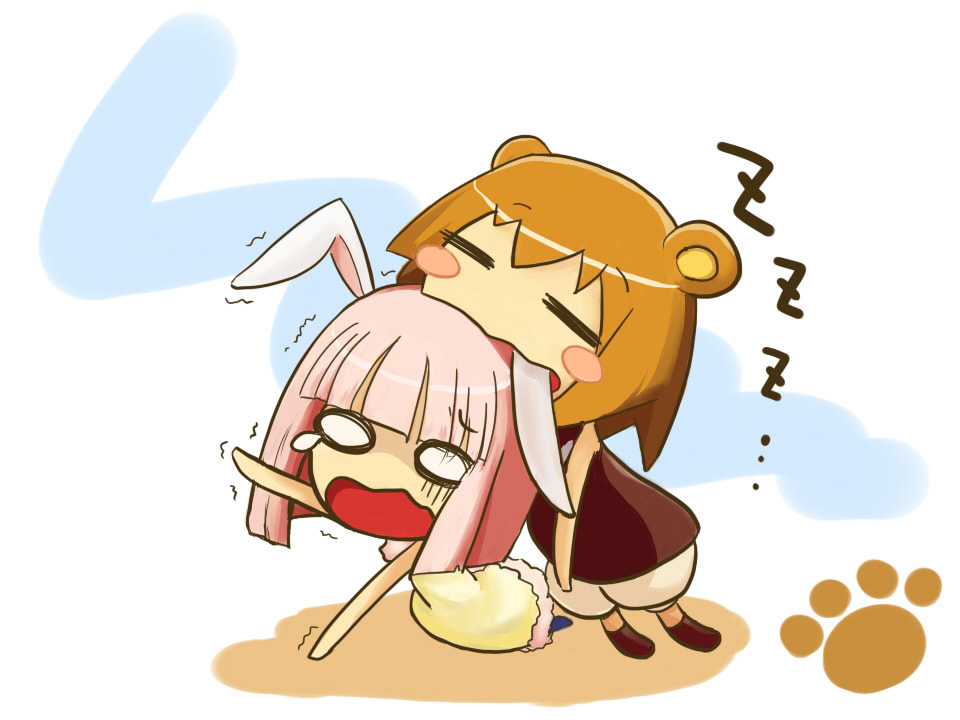 kuma-tan, rabi-tan, kumatanchi, 2girls, animal ears, bear ears, biting, brown hair, eating, head biting, long hair, multiple girls, pink hair, rabbit ears, short hair, sleeping, tears, vore