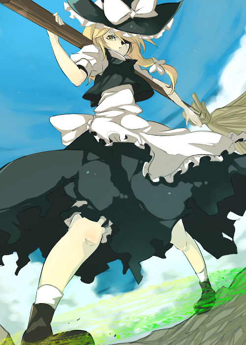 zen (pixiv), zen (raspberry), kirisame marisa, touhou, 1girl, blonde hair, broom, female focus, hair ribbon, hat, outdoors, ribbon, skirt, sky, solo, witch, witch hat, yellow eyes