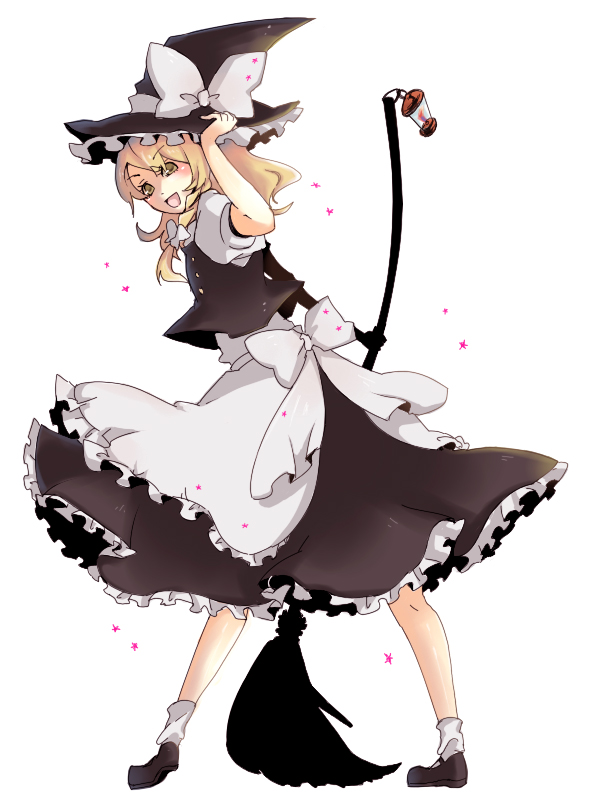 zen (pixiv), zen (raspberry), kirisame marisa, touhou, 1girl, blonde hair, braid, broom, female focus, full body, hair ribbon, hat, ribbon, simple background, skirt, solo, white background, witch, witch hat, yellow eyes