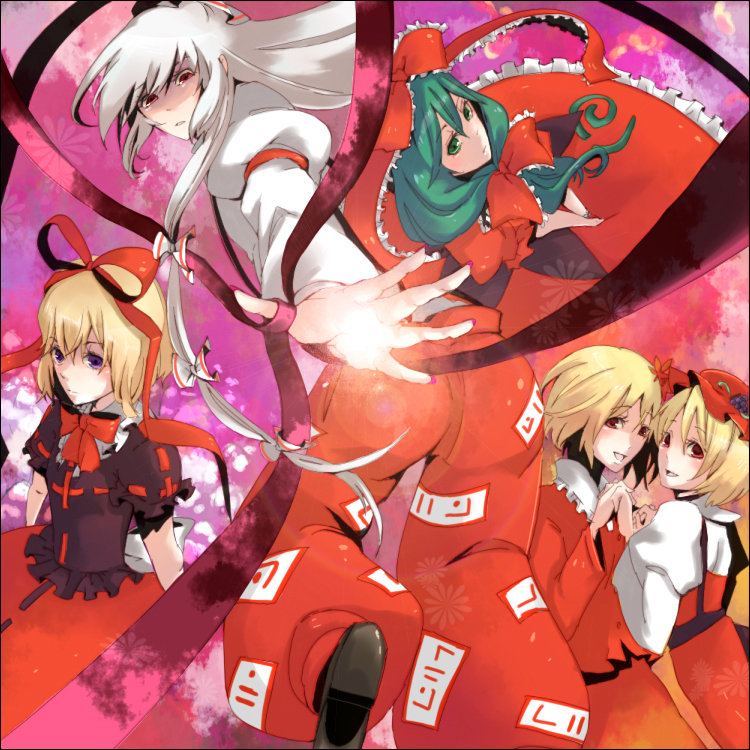 zen (pixiv), zen (raspberry), aki minoriko, aki shizuha, fujiwara no mokou, kagiyama hina, medicine melancholy, touhou, 5girls, blonde hair, bow, female focus, from below, front ponytail, hair bow, multiple girls