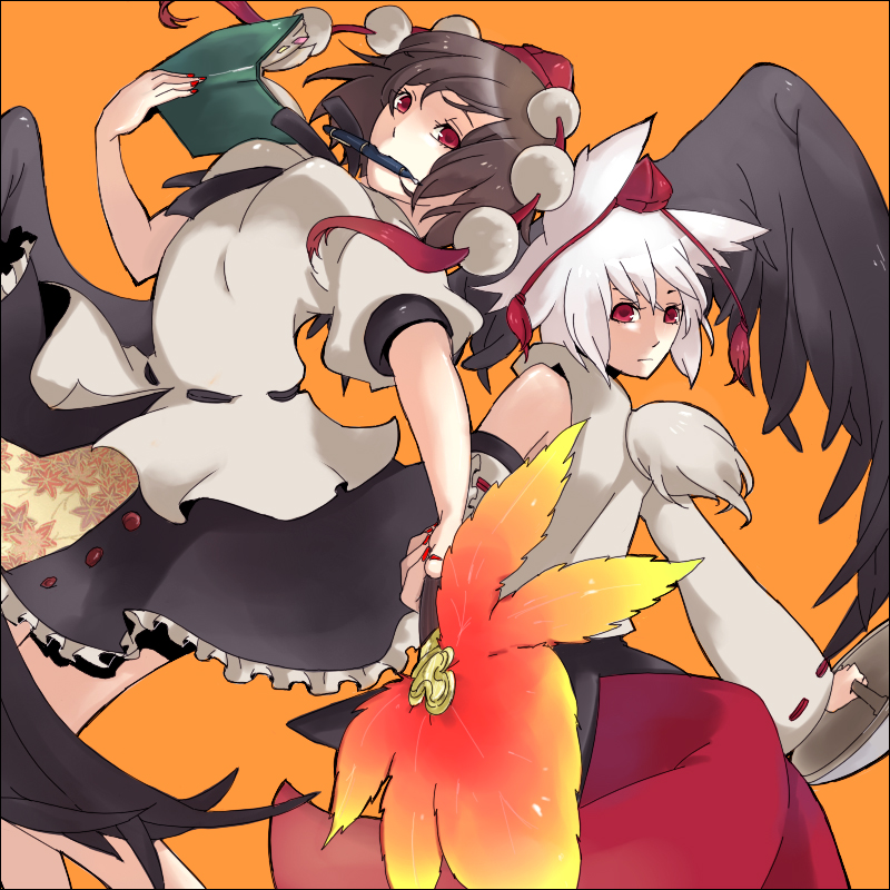 zen (pixiv), zen (raspberry), inubashiri momiji, shameimaru aya, touhou, 2girls, animal ears, black hair, black wings, dog ears, female focus, hat, multiple girls, nail polish, notebook, pen, red eyes, red nails, short hair, white hair, wings, wolf ears