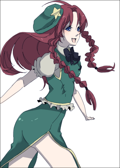 zen (pixiv), zen (raspberry), hong meiling, touhou, 1girl, ass, blue eyes, braid, china dress, chinese clothes, dress, female focus, hair ribbon, hat, long hair, red hair, ribbon, simple background, solo, twin braids, white background